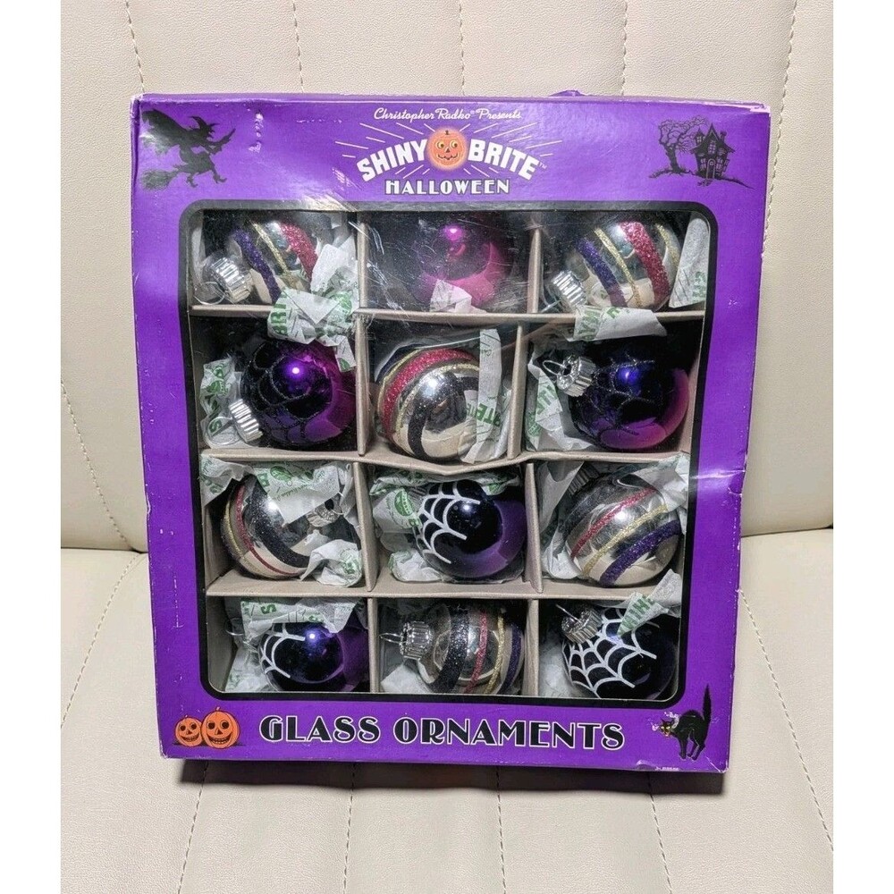 Radko SHINY BRITE Glass HALLOWEEN Mini Ornaments Stripes And Spiderwebs Set